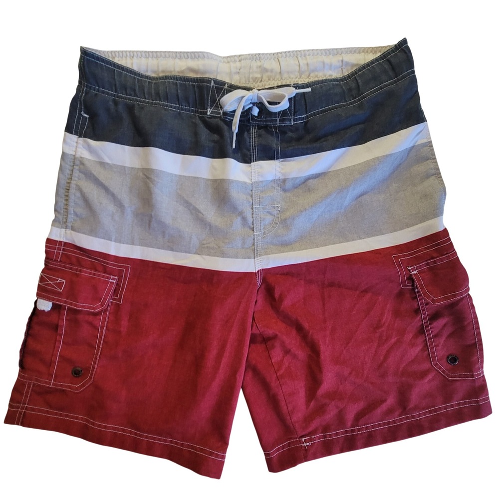 Y2K Op Board Shorts Mens M Red Colorblock Cargo Mesh Lined Swim Trunks Quick Dry